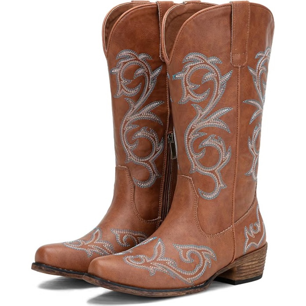 Women's Cowboy Mid Calf Boots with Embroidery Brown Color Size 9